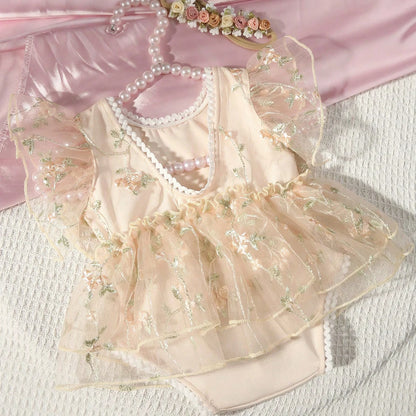 Ylsteed Newborn Daisy Embroidered Romper Baby's Short Sleeve Embroidered Mesh Clothes Full Moon Hundred Days Photo Shooting