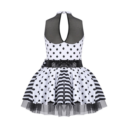 Girls Jazz Latin Ballet Dance Dress Polka Dots Print Mesh Sequin Bowknot Tutu Dress Birthdays Party Wedding Flower Girl Dresses
