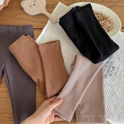 Children's Solid Color Leggings Cotton Ribbed Toddler Pants Versatile Inner Outer Wear Gender Neutral Kids Trousers