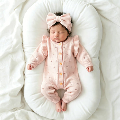 YlsteeeNewborn Baby Girl Knitted Romper Set with Bow Headband, Ruffle Sleeve Heart Knit Jumpsuit for 0-3M Photography Daily Wear