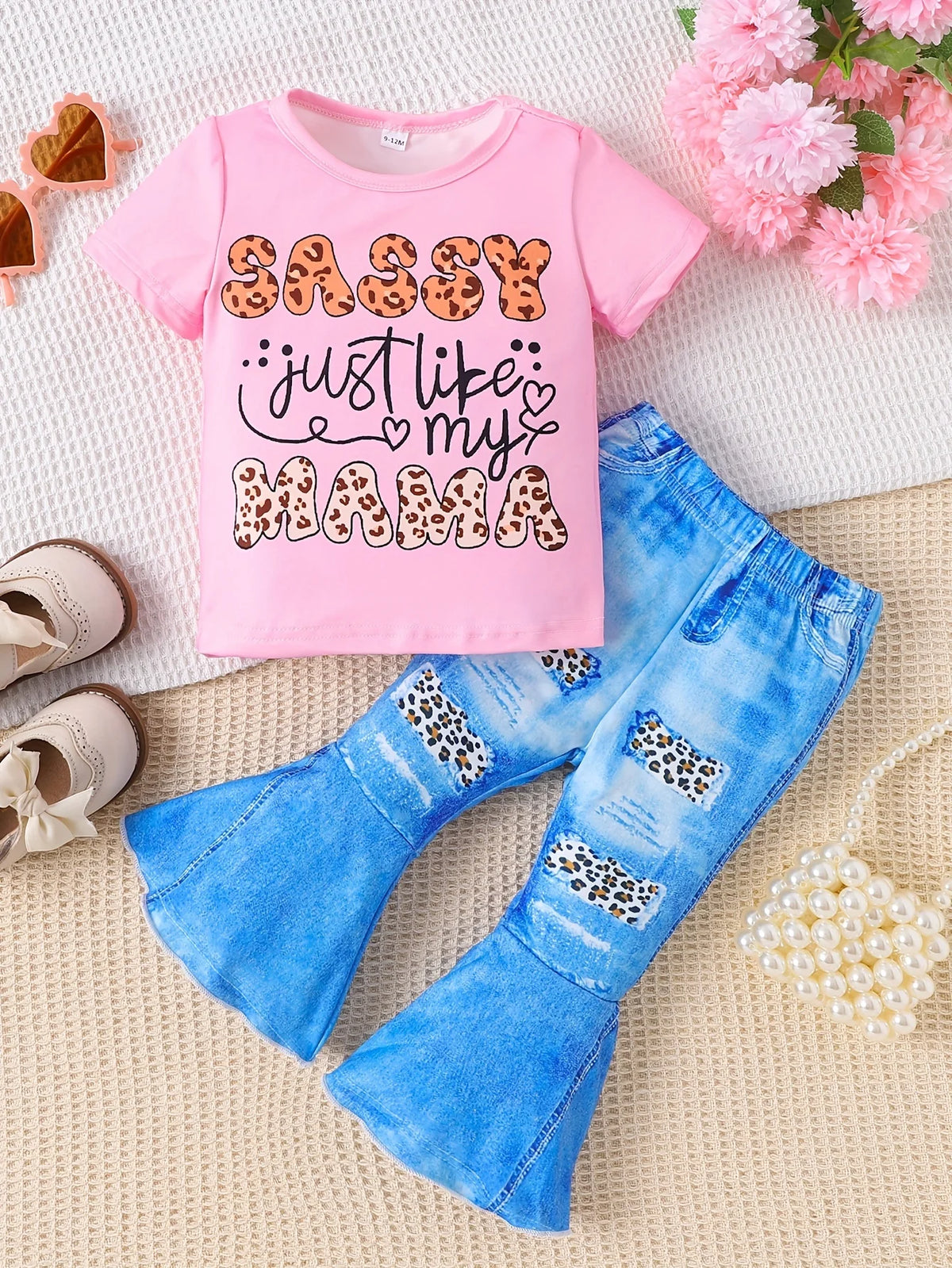Hot Sale 1-8yrs old kids Girls Pink SASSY MAMA Letter printed short t-shirt+fake jeans puff pants clothes sets for Girls