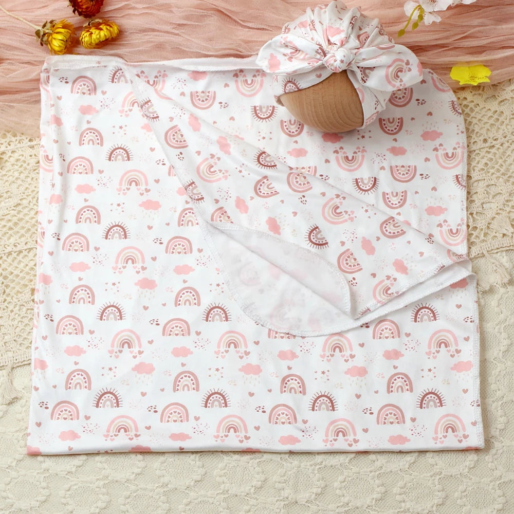 Ylsteed Newborn Receiving Photography Swaddle Blanket with Bow Turban Hat Infant Photography Props New born Photoshooting Wraps