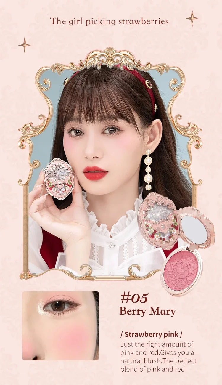 Flower Knows Strawberry Rococo Embossed Blush Fine Powder Makeup Smooth Long Lasting Blusher Waterproof Blush Maquiagem