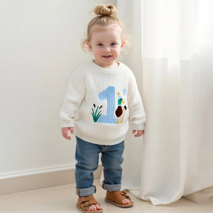Baby Boy Birthday Sweater Casual Duck Letter Embroidery Infant Pullover Knitwear for Toddler Warm Clothes