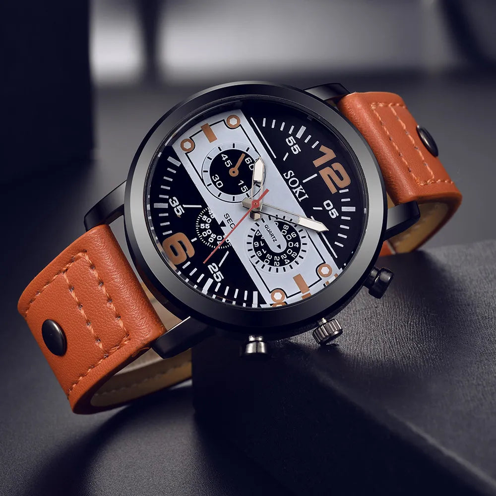Sleek Men’s Watch Chic Brown Leather Band Quartz Watch Modern Black White Orange Three Eye Contrast Color Chronograph Wristwatch