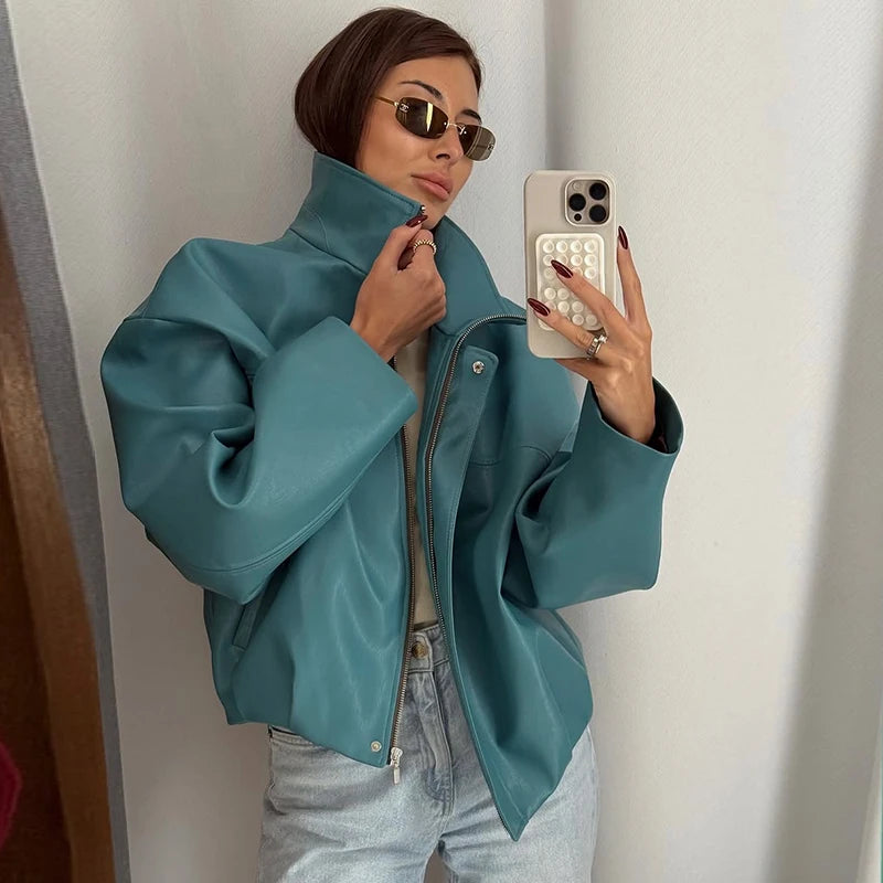 Street Pu Leather Women Jacket Elegant Long Sleeve Zippers Stand Collar Female Outwear 2026 Autumn Winter Chic Lady Coat