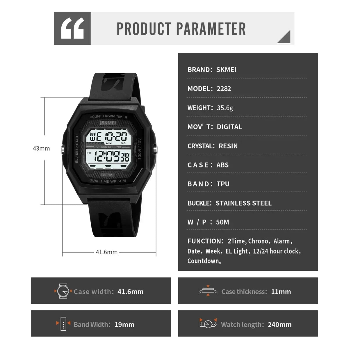 SKMEI 2282 Watches For Men Women 5Bar Waterproof Stopwatch Countdown Wristwatches Reloj Hombre Fashion Digital Sport Electronic
