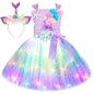 Girls' LED Flashing Mermaid Performance Clothing, Kids' Birthday Beauty Outfit, Fish-Tail Floral Mermaid Princess Tulle Dress