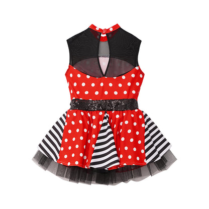 Girls Jazz Latin Ballet Dance Dress Polka Dots Print Mesh Sequin Bowknot Tutu Dress Birthdays Party Wedding Flower Girl Dresses