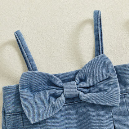 FOCUSNORM 0-18M Lovely Baby Girls Denim Romper Sleeveless Square Neck Bow Front Strap Jumpsuits Newborn Playsuit