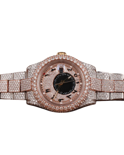 Rose Gold Moissanite Watch in Pink Dial Stainless Steel on Face Quartz Watches for Export Sale Hip Hop Diamond Watch