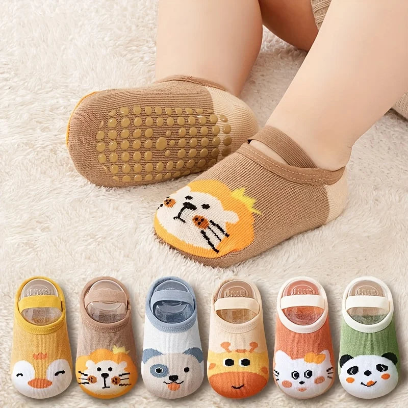 6 pairs of boys and girls' anti slip socks with cute cartoon animal patterns, comfortable and breathable baby floor socks