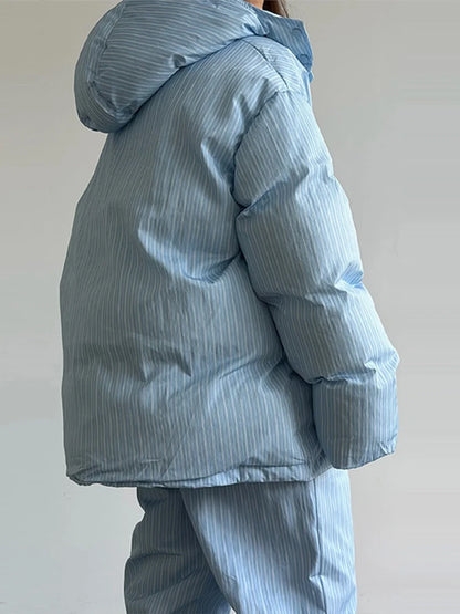 Street Striped Women's Cotton Coat Trouser Suits Hooded Zippers  Autumn Winter Thicken Lady Set 2026 Chic Female Outfits