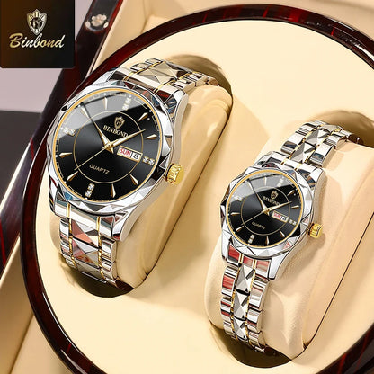 BINBOND Fashion Couple Watches Waterproof Diamond Valentine Day Lover Gift Stainless Steel Watch Men Women Quartz Watch 2pcs