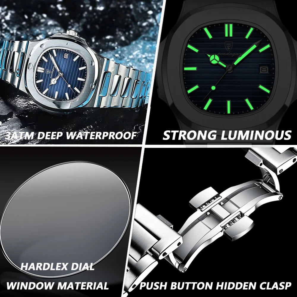 POEDAGAR Luxury Watch For Man Waterproof Luminous Date Men Wristwatch Square Stainless Steel Business Men's Quartz Watches Reloj