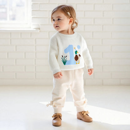 Baby Boy Birthday Sweater Casual Duck Letter Embroidery Infant Pullover Knitwear for Toddler Warm Clothes