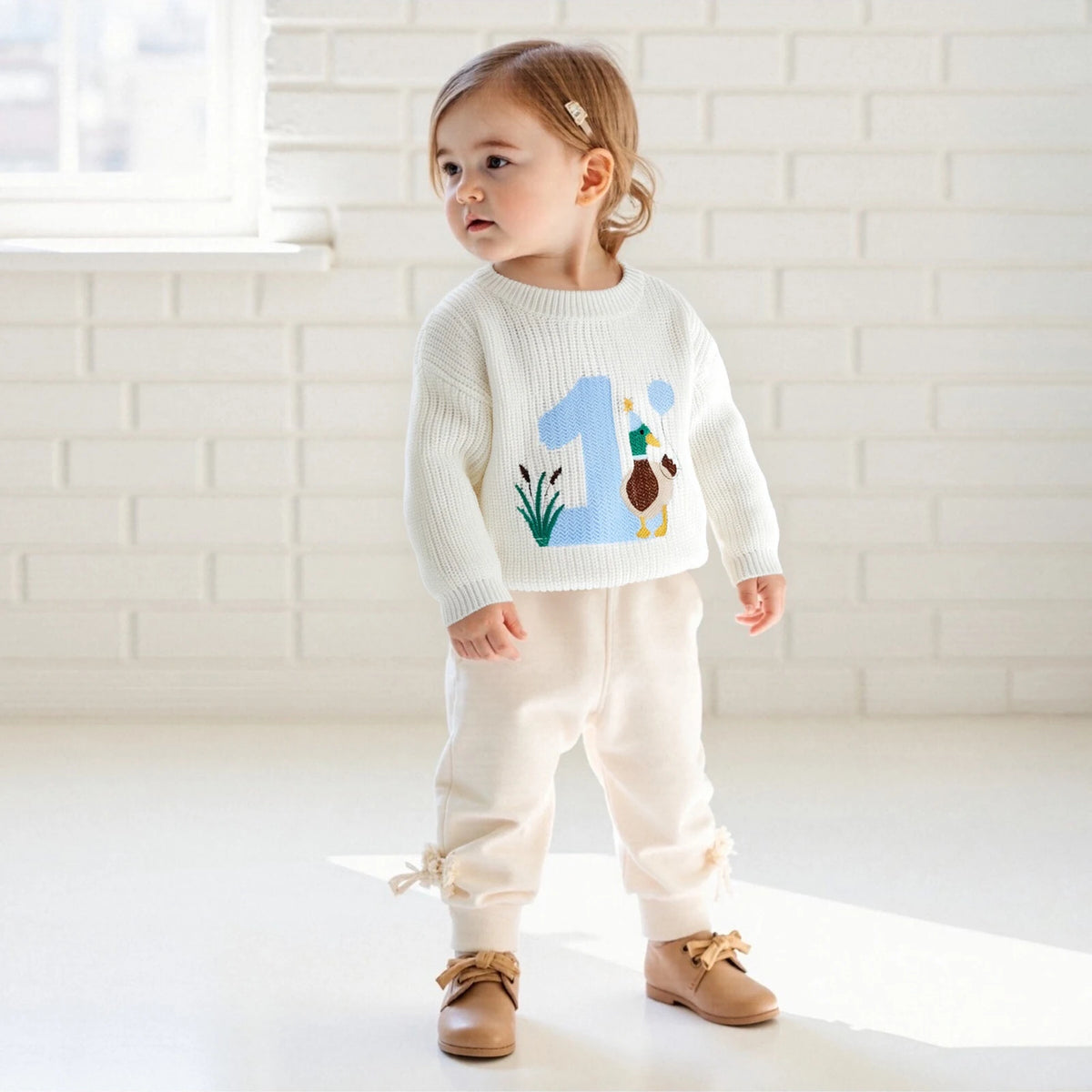 Baby Boy Birthday Sweater Casual Duck Letter Embroidery Infant Pullover Knitwear for Toddler Warm Clothes