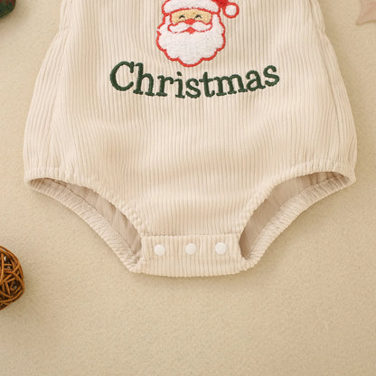 Newborn Baby My First Christmas Suspender Bodysuit Corduroy Santa Claus Embroidery Infant Sleeveless Holiday Romper Outfit