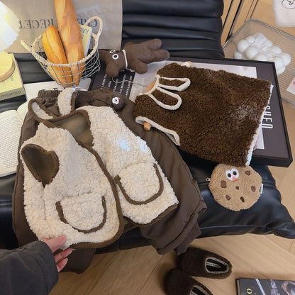 Autumn Winter Baby Lamb Wool Warm Waistcoat Girls Bunny Ears Plush Vest Single Breasted Layer Child Warm Fashion Warm Coat