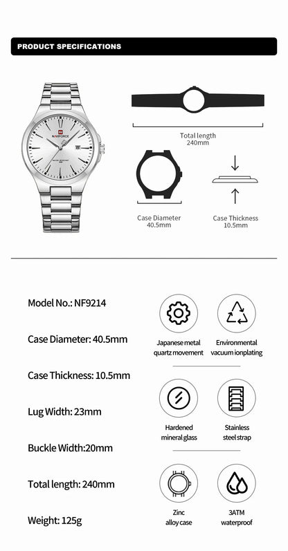 NAVIFORCE Trend Watch for Men Casual Date Display Waterproof Quartz Military Stainless Steel Strap Man Watches Relogio Masculino