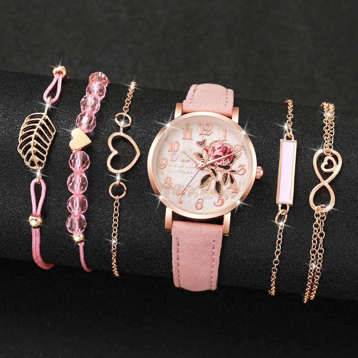 6pcs/set Women Fashion PU Leather Band Rose Dial Quartz Watch with Pink Bracelet Set (Box not included）
