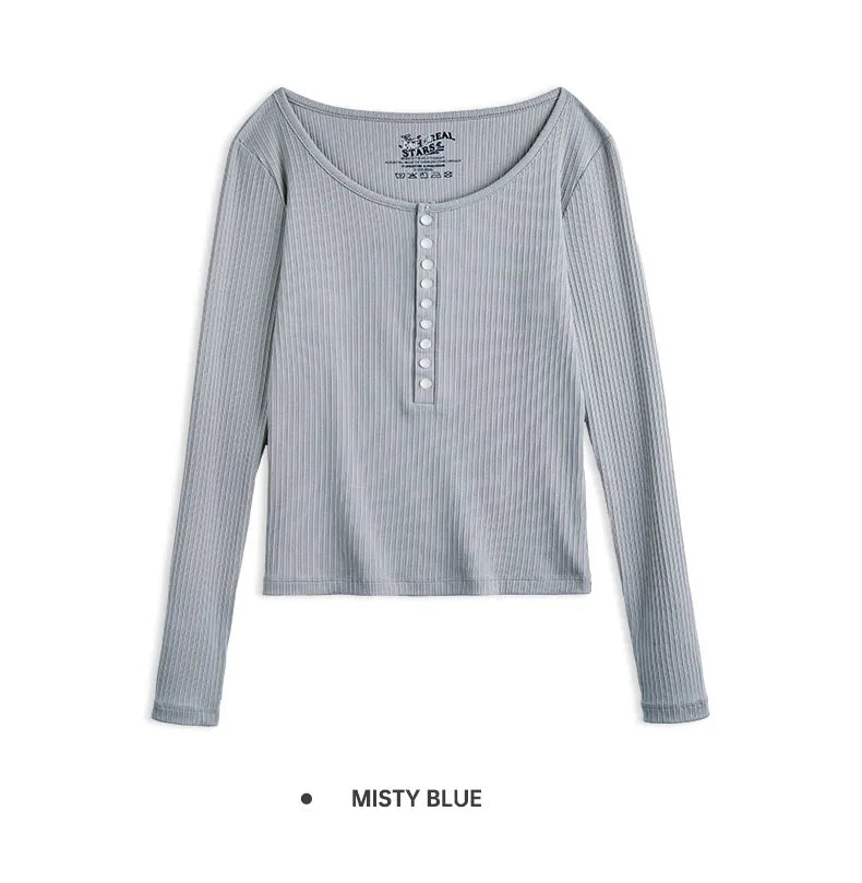 Maden Women’s Slim Fit Henley Shirt Ribbed Knit Long Sleeve T-shirt O-Neck Layering Top Solid Color Autumn Winter Inner Wear