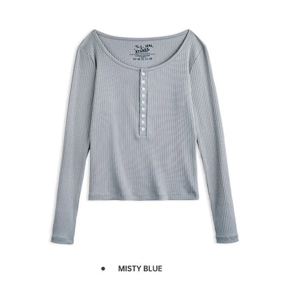 Maden Women’s Slim Fit Henley Shirt Ribbed Knit Long Sleeve T-shirt O-Neck Layering Top Solid Color Autumn Winter Inner Wear