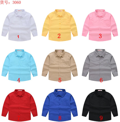 Children's Shirt in the Spring and Autumn New Boys and Girls Suit Collar Shirt Children's Pure Color Long Sleeve Shirt