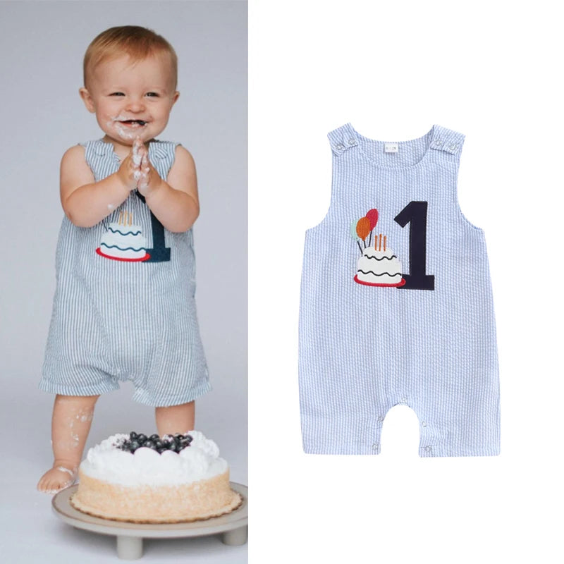 FOCUSNORM 3 Colors 0-18M Lovely Baby Boys Overalls Romper Sleeveless Letter Embroidery Cake Striped Birthday Jumpsuits