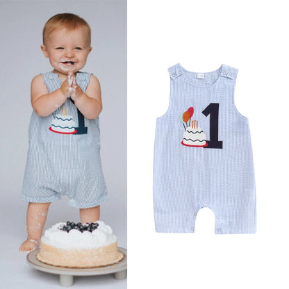 FOCUSNORM 3 Colors 0-18M Lovely Baby Boys Overalls Romper Sleeveless Letter Embroidery Cake Striped Birthday Jumpsuits