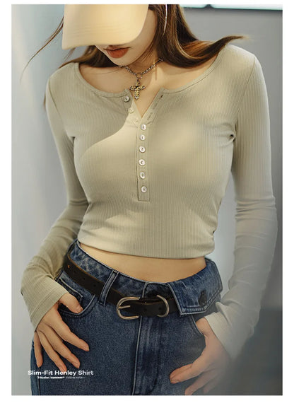 Maden Women’s Slim Fit Henley Shirt Ribbed Knit Long Sleeve T-shirt O-Neck Layering Top Solid Color Autumn Winter Inner Wear