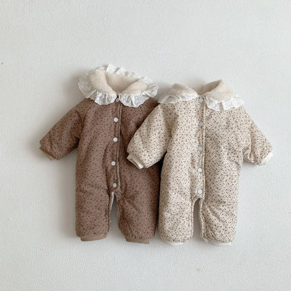 Korean Baby Cotton Jumpsuit Thickened Hooded Romper Plush Warm Autumn Winter Newborn Clothes Floral Princess Bodysuit Ropa Bebe