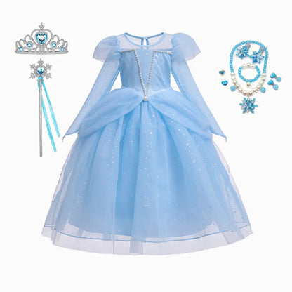Elsa Cosplay Costume Kids Layers Deluxe Ball Gown Princess Dresses Aurora Christmas Wedding Evening Dress Girls Princess Dresses