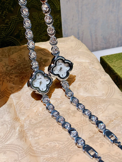 1 New Silver Inlaid 2 Carat Rhinestone Bracelet Ladies Watch Four-Leaf Clover Mother-of-Pearl Dial Waterproof Quartz Watch