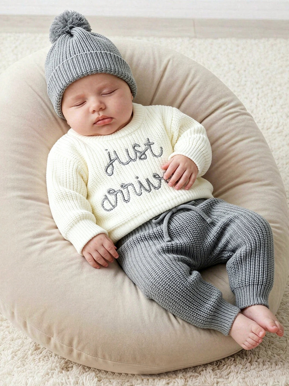 Ylsteed 3 Pcs Set Knitting Newborn Boy Photography Clothes "Just Arrived" Embroidery Khaki Baby Outfits Sweater Baby Shower Gift