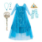 Girl Stunning Princess Maxi Dress All Body Sequin Covered Blue Train Sparkly Tulle Costume Snow Queen Party Elsa Cosplay Outfit
