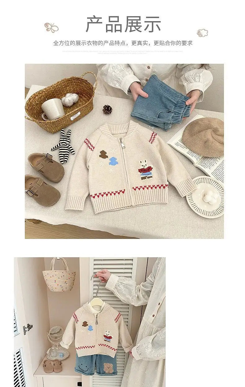 Baby Sweater Early Spring Korean Style Fashion Knitted Cardigan Spring and Autumn Girls' Cartoon Cute Sweater Versatile
