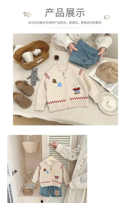 Baby Sweater Early Spring Korean Style Fashion Knitted Cardigan Spring and Autumn Girls' Cartoon Cute Sweater Versatile