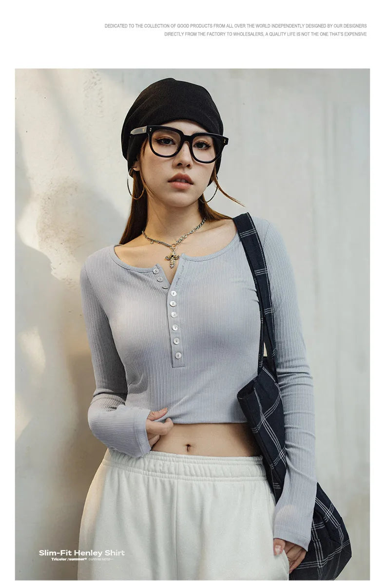 Maden Women’s Slim Fit Henley Shirt Ribbed Knit Long Sleeve T-shirt O-Neck Layering Top Solid Color Autumn Winter Inner Wear