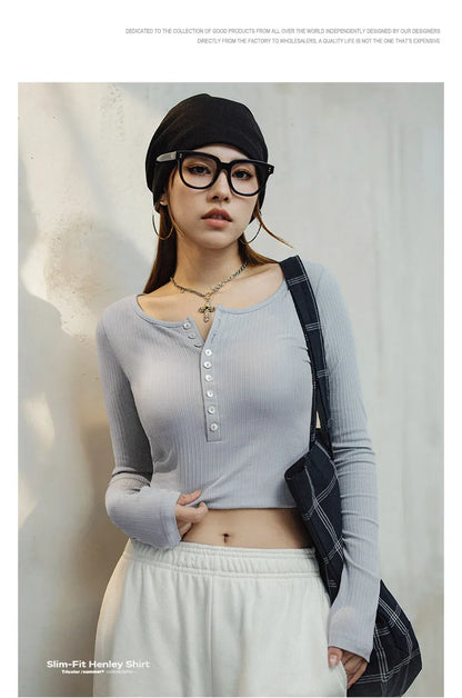 Maden Women’s Slim Fit Henley Shirt Ribbed Knit Long Sleeve T-shirt O-Neck Layering Top Solid Color Autumn Winter Inner Wear