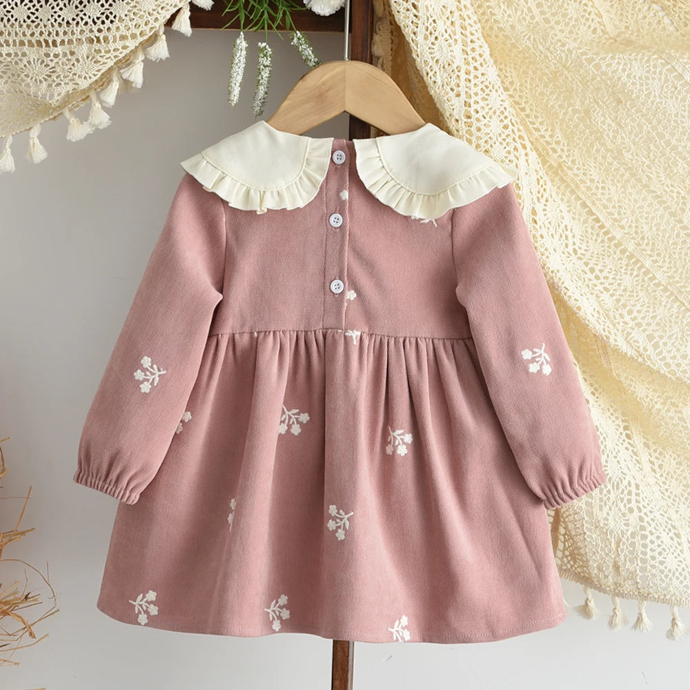 Sweet and Lovely Pink Baby Girl Doll Collar Long Sleeved Floral Princess Dress Korean Version Autumn New