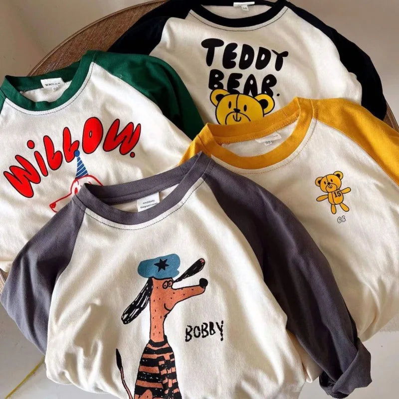 1-7y Toddler Infant Spring Autumn Tops Cartoon Printed Tees For Baby Girl Boy Long-Sleeved Casual Costume Fashion Patchwork Tees