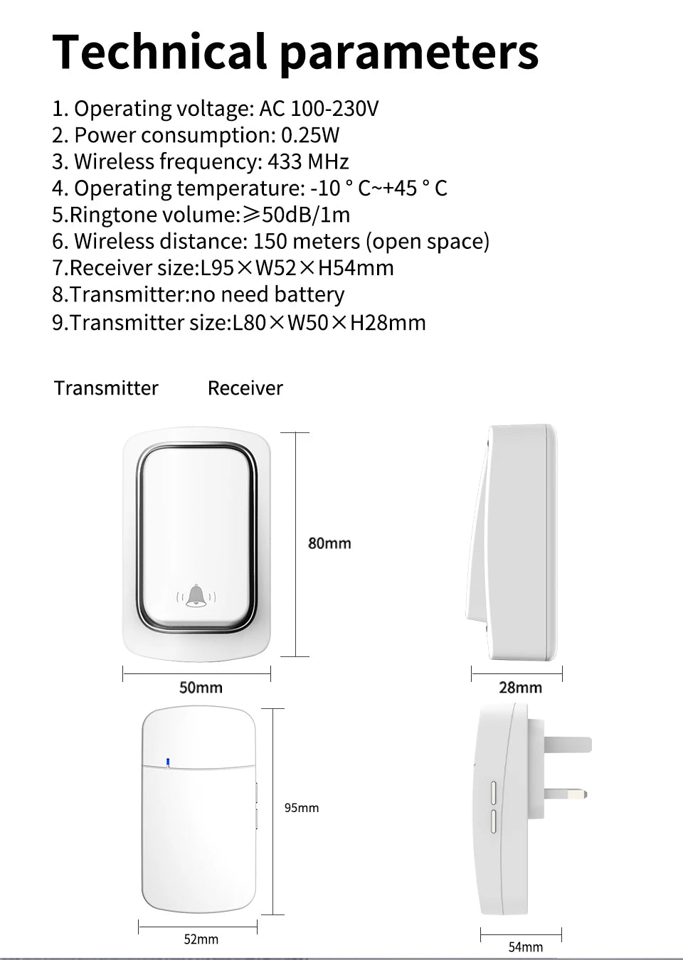 Self-Powered Wireless Doorbell, Household Anti-Theft Door Digital Music Chime Remote Control for Elderly Person's Call Device