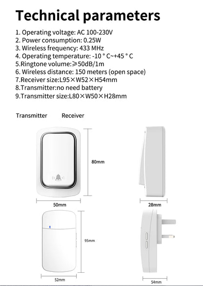 Self-Powered Wireless Doorbell, Household Anti-Theft Door Digital Music Chime Remote Control for Elderly Person's Call Device