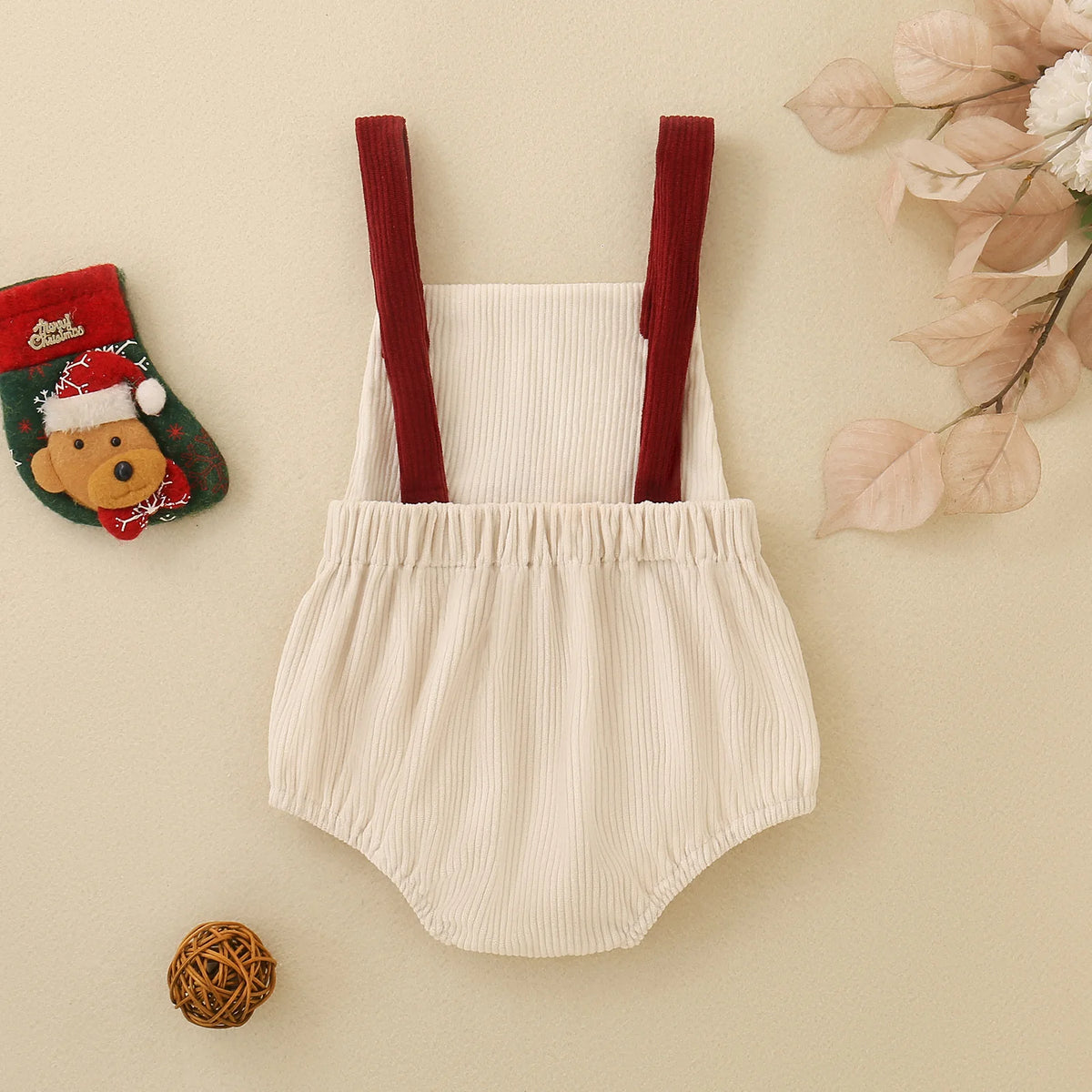 Newborn Baby My First Christmas Suspender Bodysuit Corduroy Santa Claus Embroidery Infant Sleeveless Holiday Romper Outfit