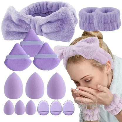 15pcs Makeup & Face Wash Tool Kit - Includes Cosmetic Sponges, Powder Puffs, Hair，Beauty Gift Set