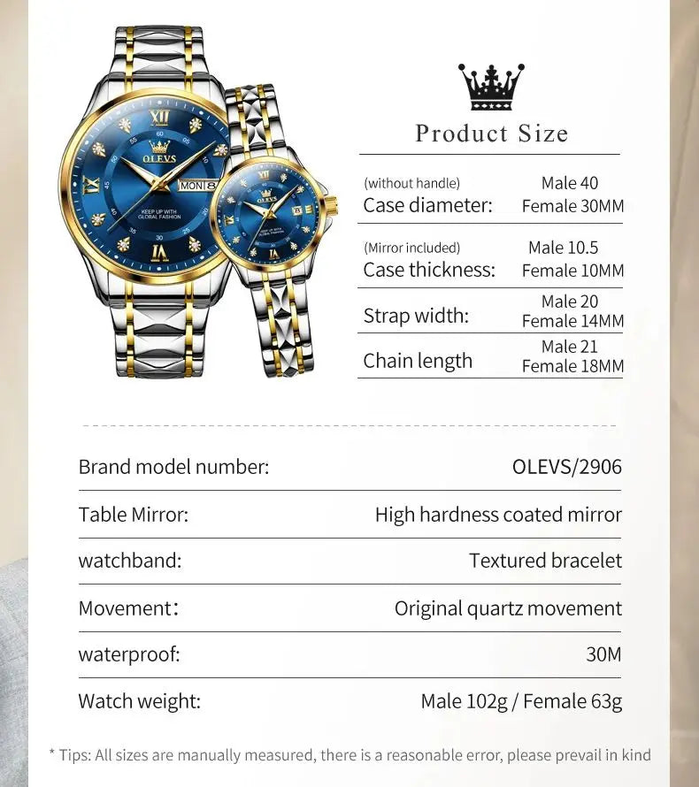 OLEVS 2906 Fashion Date Quartz Couple Watches Diamond Top Brand Luxury Watch For Men Women Waterproof Stainless Steel Wristwatch
