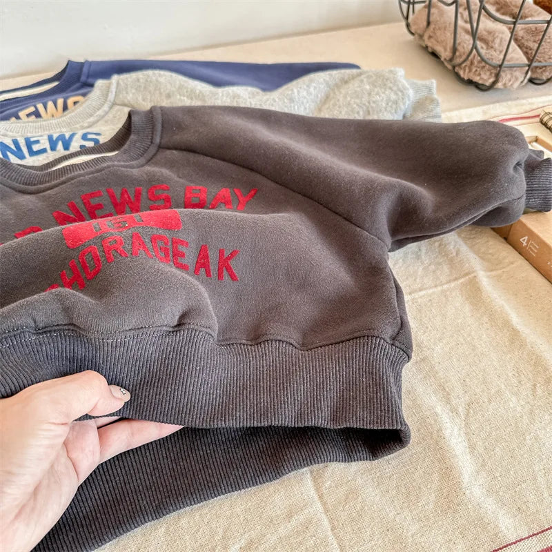 deer jonmi 2025 Winter Children Letter Printed Sweatshirts Thicken Warm Baby Boys Casual Fleece Lining Pullovers Tops