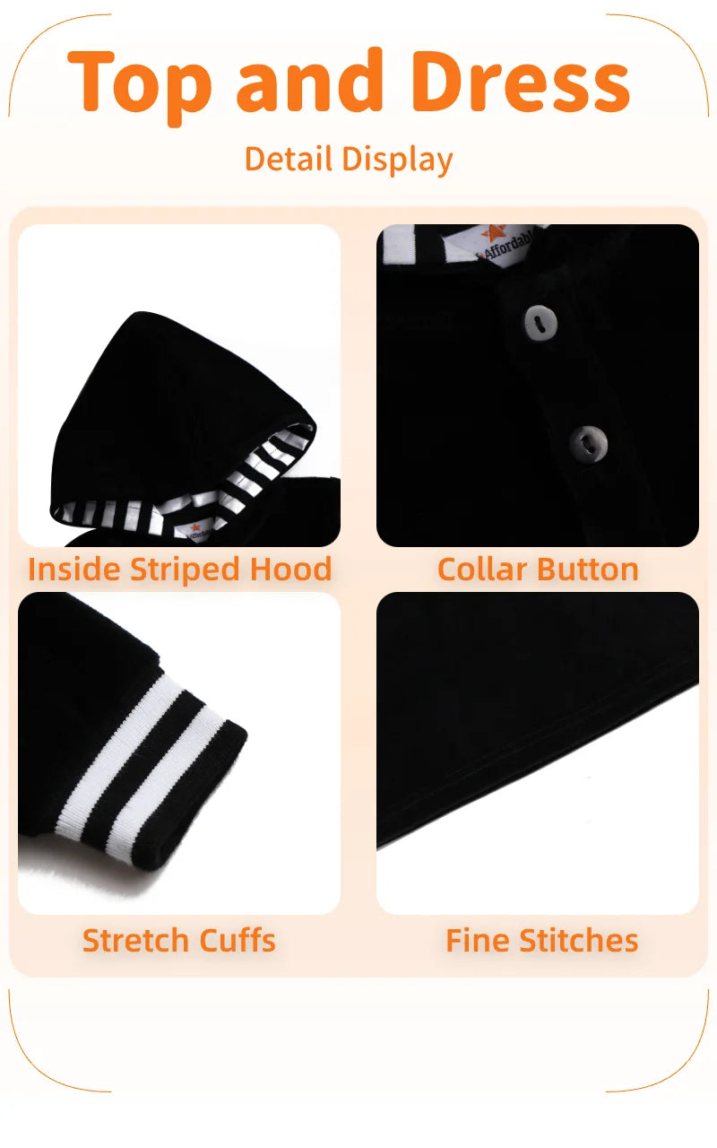 AA-Velour Hooded Set Tired Dress with Hooded Lining Striped Shirt and baby Footie Romper Ribbed Family Clothing Dress for Girls