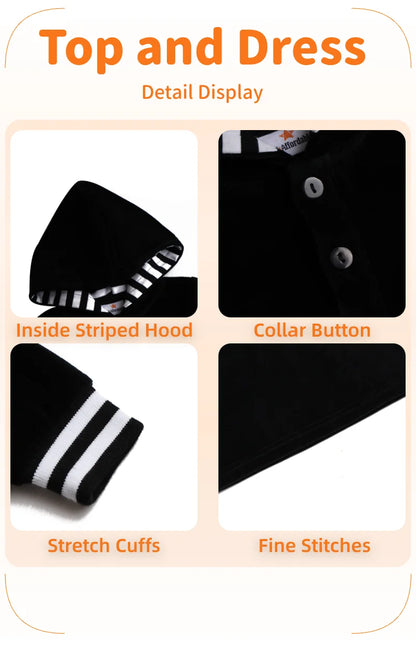 AA-Velour Hooded Set Tired Dress with Hooded Lining Striped Shirt and baby Footie Romper Ribbed Family Clothing Dress for Girls